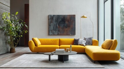 Minimalist interior design of modern living room with vibrant colorful multicolored armchairs and couch. 
