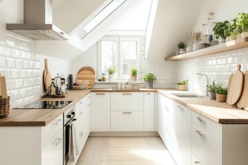 A Scandinavian kitchen featuring clean, white surfaces, natural wood accents, and minimalist decor. The space is flooded with natural light from skylights above.