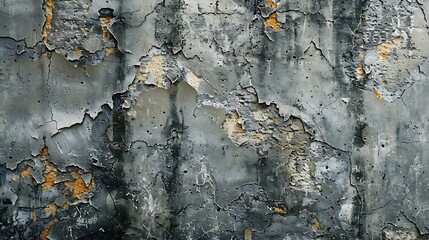 A close-up view of a weathered concrete wall. The wall surface is covered in a mix of dark gray and lighter gray patches, with some areas showing exposed concrete underneath.