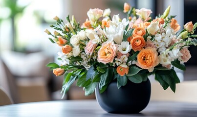 Obraz premium A beautiful arrangement of flowers in a black vase, with vibrant orange and white blooms, displayed indoors