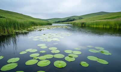 A calm river surrounded by green hills with lily pads floating on the water