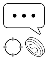 Speech bubble with ellipsis, target, and coin with dollar sign in black outlines. Ideal for communication, goal setting, finance, business, marketing strategy focus concepts. Line metaphor