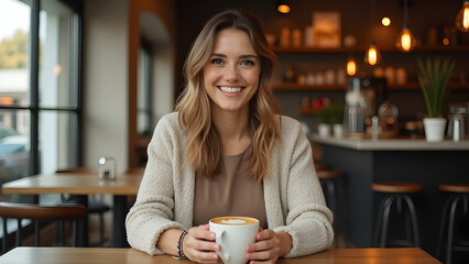 Chic Woman in Cozy Coffee Shop Holding Latte with Heart Foam – Editorial Lifestyle Stock Photo