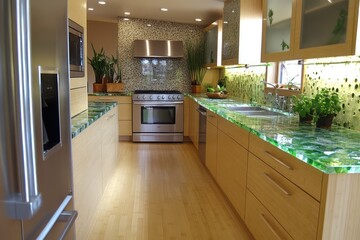 An eco-friendly kitchen with bamboo flooring, recycled glass countertops, and energy-efficient appliances. Plants are integrated into the design for a touch of green.