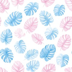 Fototapeta premium Seamless Pattern with Delicate Tropical Leaves. Exotic Wallpaper Design in Pastel Colors.