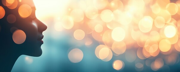 A serene silhouette of a person against a backdrop of glowing bokeh lights, conveying tranquility and contemplation, perfect for themes of mindfulness and introspection.