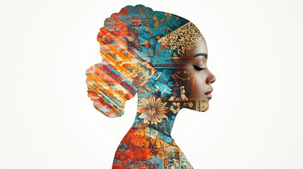 Double exposure art of a woman's profile blending intricate floral and geometric patterns, creating a harmonious fusion of nature and creativity in vivid colors.