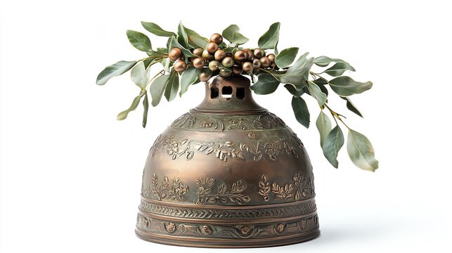 Large decorative bell with mistletoe on top, captured on a white background, isolated