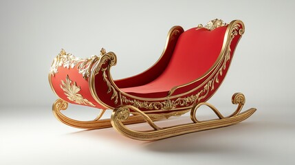 Photograph of an empty red sleigh with golden accents on a plain white backdrop, isolated