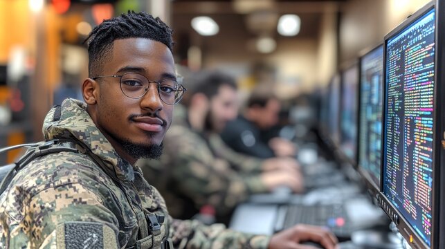 Veteran developing a small app in a software lab with fellow service members at a military facility