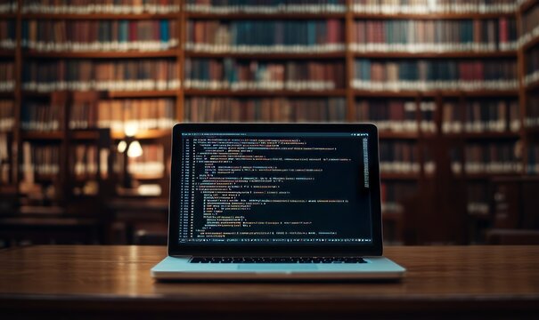 Laptop on a wooden table displaying code, with a backdrop of bookshelves inside a library