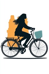 Obraz premium Silhouetted woman riding a bicycle against an orange skyline, capturing a sense of movement and freedom.