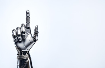 Metallic robot hand, with a finger pointing upwards, isolated on a white background. Futuristic, artificial intelligence concept. 