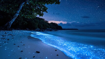 Nighttime bioluminescent beach travel destination nature photography serene environment starry...