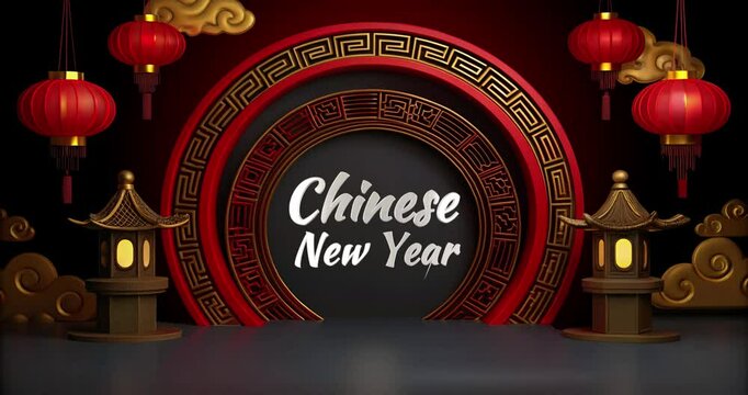 Chinese New Year greeting card, animated with a temple and an elegant combination of red and black