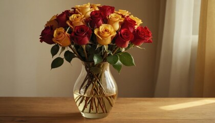 A glass vase filled with red and gold roses, illuminated by soft, warm light, on a wooden table,