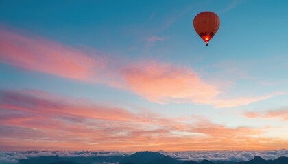 Fototapeta premium A vibrant scene of coral, orange, and turquoise balloons rising among soft clouds with a faint glow of sunrise.