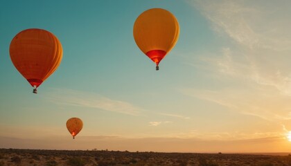 Fototapeta premium Coral, orange, and turquoise balloons drifting into the horizon, surrounded by a luminous sky filled with golden light.