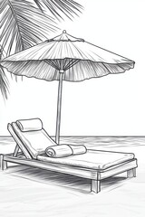 A serene beach setting featuring a wooden lounge chair under a shaded umbrella, ideal for relaxation.