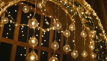Vibrant ribbons and delicate glass ornaments hanging from a golden arch, illuminated by soft fairy lights.