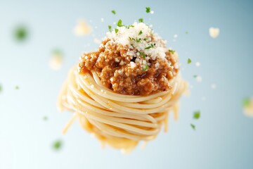 National Spaghetti day, deconstructed spaghetti bolognese suspended in a dynamic arrangement, January 4