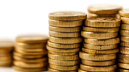 Gold coins stacks on white background. Saving, Coin stack growing business. Investment money concept.