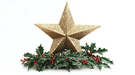 Star tree topper adorned with small holly leaves, placed on a white background, isolated