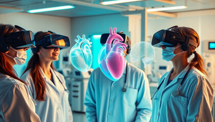 A group of doctors in lab coats discussing a 3D medical hologram in a modern laboratory using augmented reality.