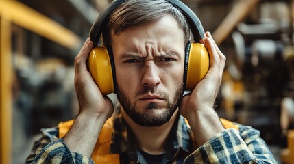 Worker in a factory covering ears, surrounded by loud machinery, noise hazard, ear protection