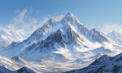 Obraz premium Snow-covered mountain peaks rise against a backdrop of clear blue skies