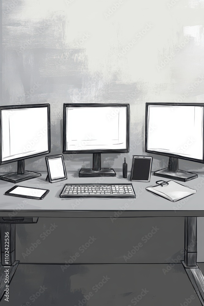 Poster modern workspace featuring three computer monitors and various tech devices, emphasizing productivit