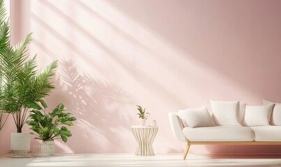 Stylish minimalistic living room with sleek furniture, pastel hues, and lush greenery, perfect for a young urban