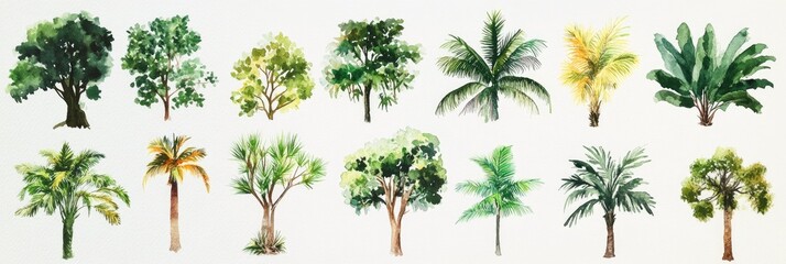 Hand-Painted Tree Collection. Watercolor Forest Elements with Diverse Flora and Foliage