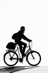 Obraz premium A male cyclist rides in silhouette against a bright, minimalistic background, showcasing active lifestyle and freedom.