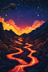 A vibrant landscape featuring flowing lava under a starry sky, capturing a surreal and mystical atmosphere.
