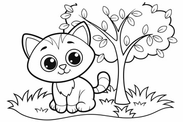 cute CAT and dog,  some grass and a tree, coloring book