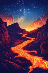 A vibrant sunset over a flowing lava river, illuminating the rocky landscape beneath a starry sky.