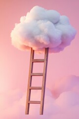 A whimsical wooden ladder leads to a fluffy cloud in a dreamy pastel sky, evoking a sense of wonder and imagination.
