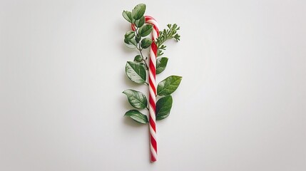 Red and white striped candy cane with green sprigs, festive holiday decoration, minimalist Christmas design, classic seasonal theme, perfect for winter celebrations and holiday arrangements


