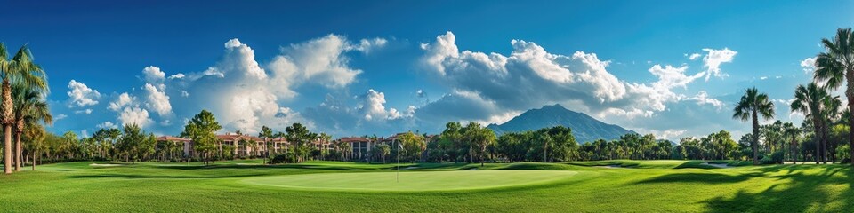 Fototapeta premium Stunning Panorama of The Villages: Lush Green Golf Landscape with Rolling Meadows and Majestic Mountains Under a Clear Blue Sky