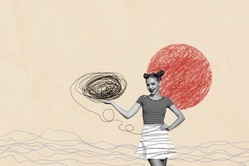 Composite trend artwork 3D image collage of illustration paint line doodle young lady stand hand...