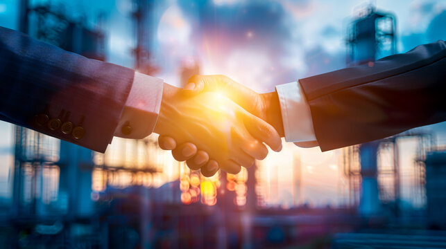 Electrical engineer technician and CEO executive business people making a handshake after a meeting, representing clean and green alternative energy.
