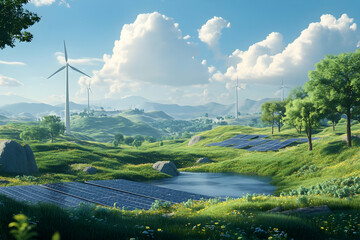 Solar panels and wind turbines thrive under bright skies in a lush, green, serene landscape
