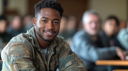 Veteran engaged in a town hall meeting, sharing experiences and insights with attendees