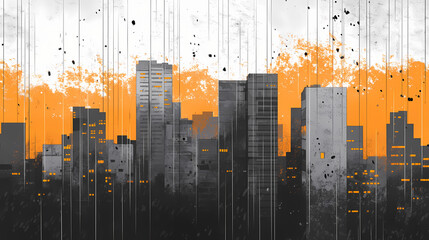 City skyline buildings rain unsettling creepy liminal space inspiring white pale concrete map grey orange colors suburbia illustrator. Liminal. Illustration