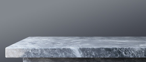 A minimalist white marble platform appears to float against a dark grey background, featuring natural stone veining and texture. Generative AI.