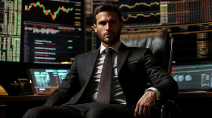 A confident businessman analyzes stock market data in a modern office during evening hours