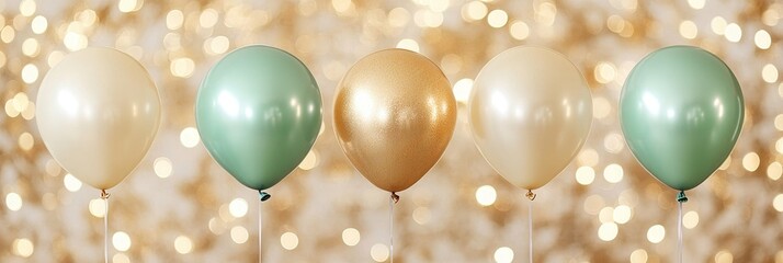 Five Green And Gold Balloons On A Gold Bokeh Background, Celebration And Party Concept