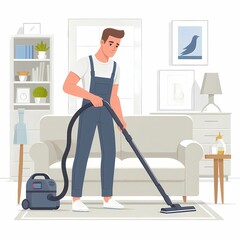Flat Style Illustration of a Man Vacuuming the Living Room, White Background