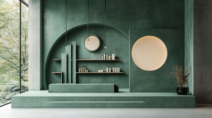 Modern minimalist green podium for natural cosmetics with circular backdrops